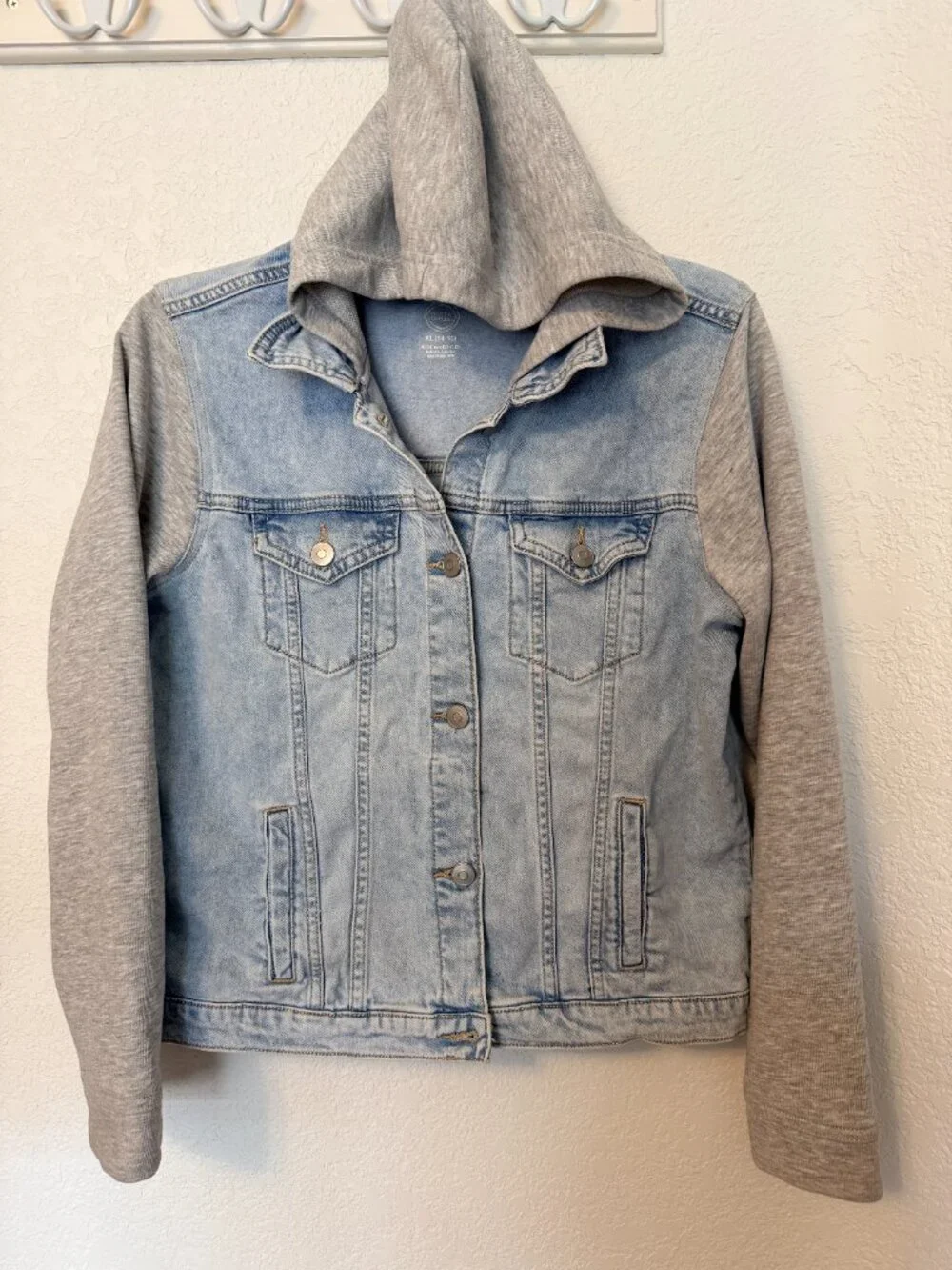 Wonder Nation Mixed Media Hooded Jean Jacket Girls Size 14/16 Streetwear Skater